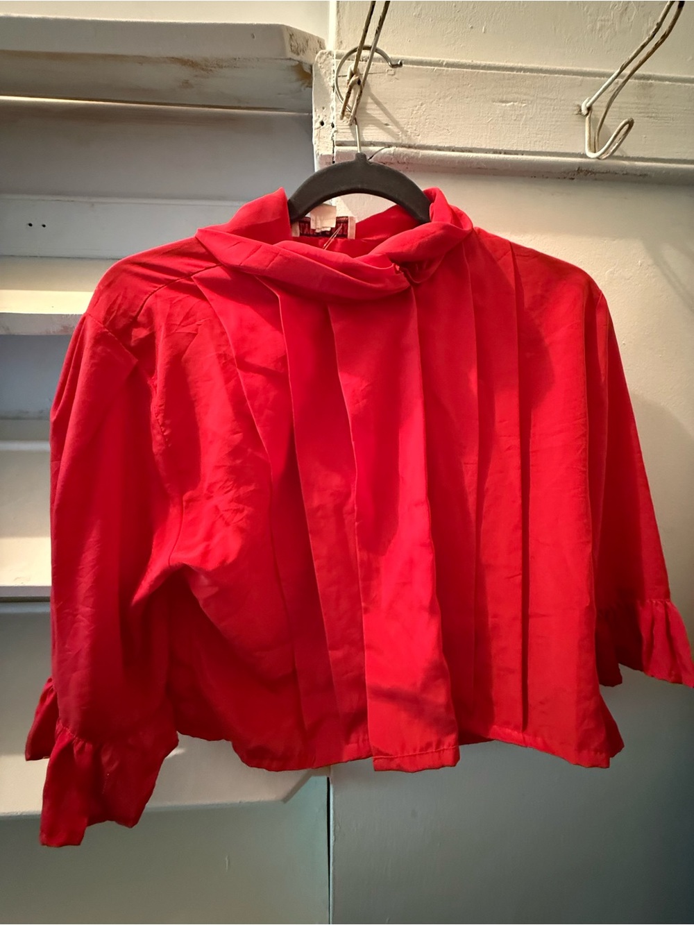 Cropped Red Button-Down Blouse with Ruffle Cuffs